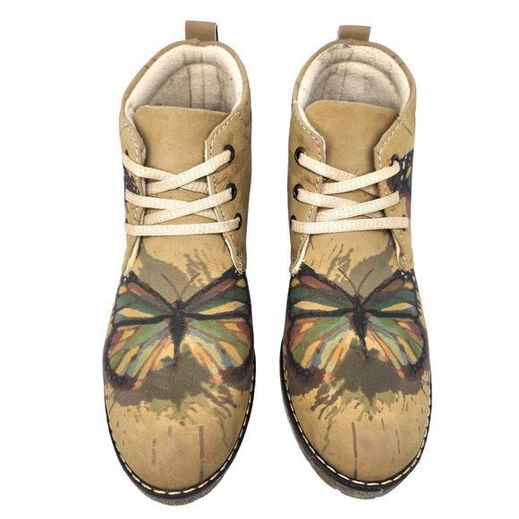 Goby Shoes Womens 37 Tan Butterfly Ankle Boots Booties Artsy Boho Comfy Low Heel - Picture 4 of 9